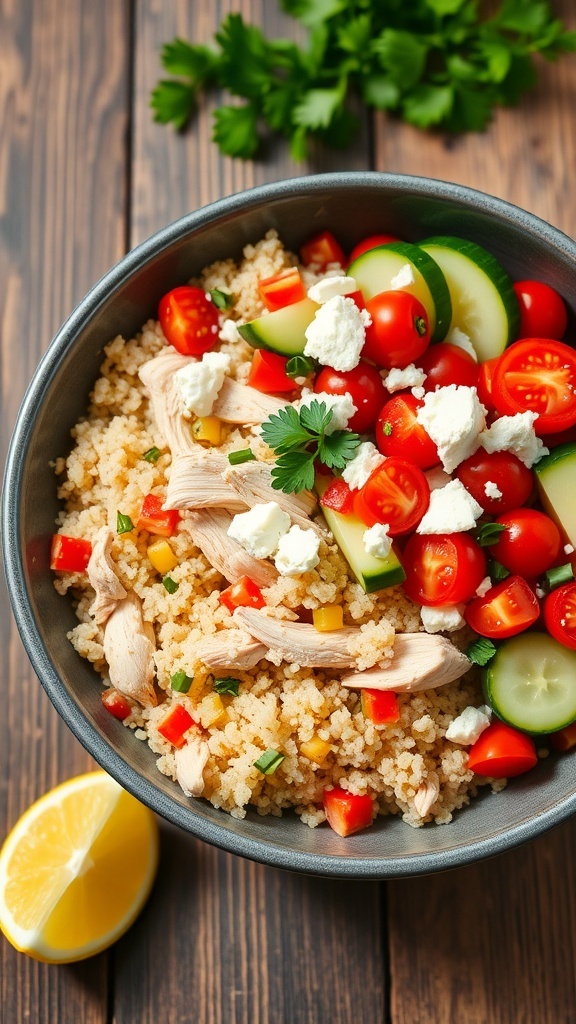 A healthy rotisserie chicken and quinoa bowl with vegetables and feta cheese, served in a rustic setting.